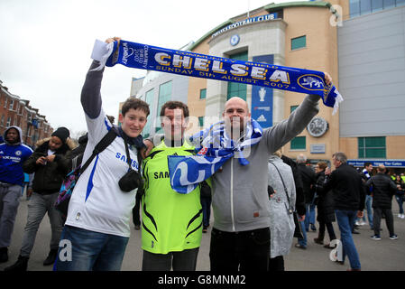 Chelsea fans from Slovakia hold up a scarf outside Stamford Bridge before the Emirates FA Cup, fifth round match at Stamford Bridge, London. Stock Photo