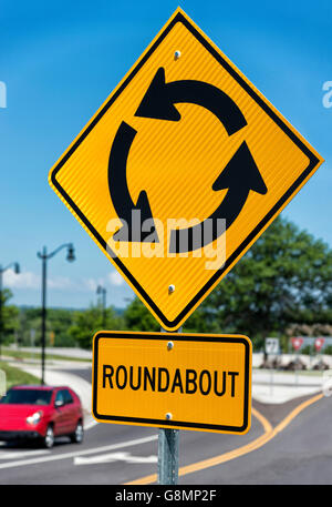 Sign For Roundabout Intersection vertical shot Stock Photo