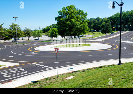 Traffic roundabout intersection in the suburbs. Horizontal shot Stock Photo