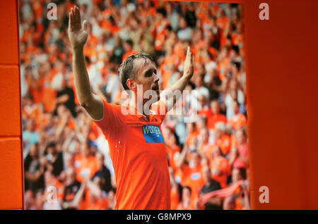 Former Blackpool player Brett Ormerod displayed on a board showcasing the club's history Stock Photo