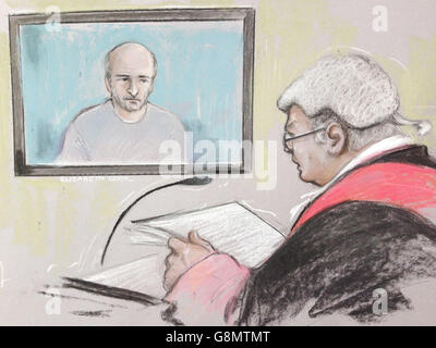 Court artist sketch by Elizabeth Cook of Edward Tenniswood appearing via videolink for a preliminary hearing at Northampton Crown Court, where he is charged for the murder of India Chipchase.