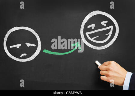 Hand drawing unhappy and happy smileys on blackboard Stock Photo