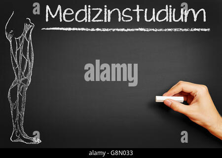 Hand writing the German word 'Medizinstudium' (medical school) on a blackboard Stock Photo