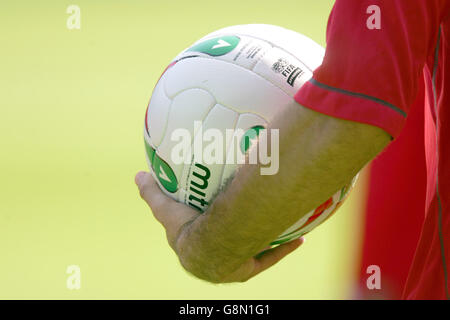 Soccer - FIFA World Cup 2006 Qualifier - Group Six - Wales v England - Wales Training - The New Stadium. Mitre ball, The official matchball of the Football Association of Wales Stock Photo