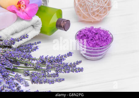 Lavender and a basket with gels on white boards. Still life. Stock Photo