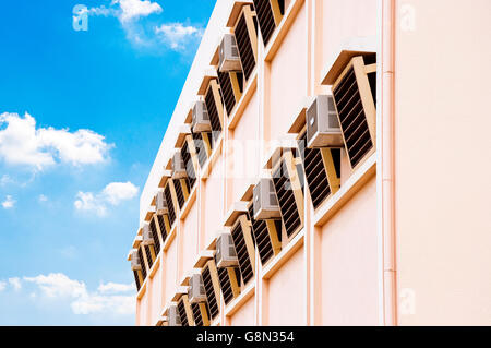 Many Air Conditioners Outside Building over Sky Stock Photo