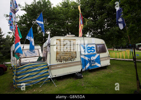 A camp outside the Scottish parliament at Holyrood set up by pro-Scottish independence campaigners in Edinburgh, pictured on the day after the result of the UK's European Union referendum which resulted in a vote to leave the EU. As a consequence, the Scottish Government called for a second referendum on independence for Scotland. Stock Photo