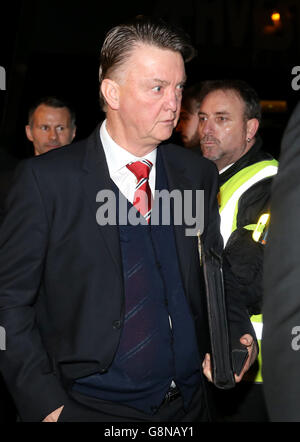 Manchester United manager Louis van Gaal steps off the team coach before the Emirates FA Cup, fifth round match at New Meadow, Shrewsbury. Stock Photo