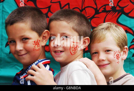 Football fans (left to right) Tom James (6), Jack James (8) and Tobi Poole (6) from Tenby with their painted faces outside Millennium Stadium, Cardiff, Saturday September 3, 2005. Wales face England in the World Cup qualifier at Cardiff this afternoon. PRESS ASSOCIATION Photo. Photo credit should read: Rui Vieira/PA. Stock Photo