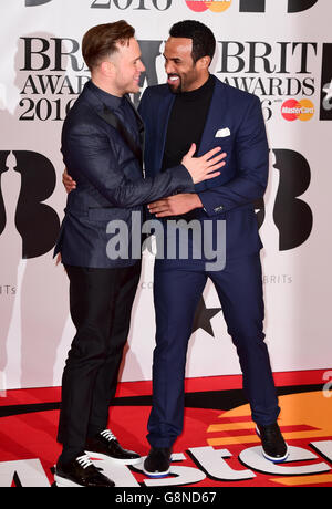 Olly Murs (left) and Craig David (right) arriving for the 2016 Brit Awards at the O2 Arena, London. PRESS ASSOCIATION Photo. Picture date: Wednesday February 24, 2016. See PA story SHOWBIZ Brits. Photo credit should read: Ian West/PA Wire Stock Photo