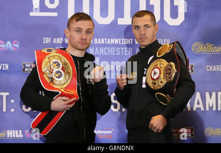 Carl Frampton (left) and Scott Quigg go head to head after a press conference at the Radisson Blu Hotel, Manchester. Stock Photo