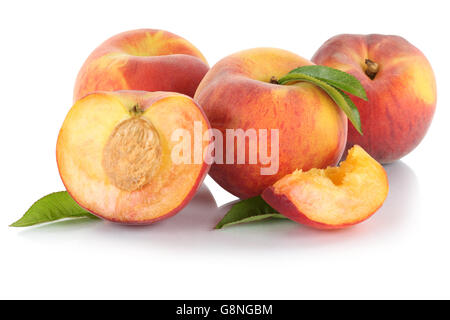 Peach peaches slice half fruit fruits leaves isolated on a white background Stock Photo