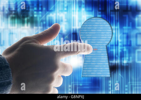 hand touching a keyhole with binary code inside, cracking code concept Stock Photo
