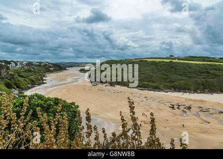 A high level view of the river Gannel estuary, Crantock Beach, near Newquay in Cornwall, UK. Stock Photo