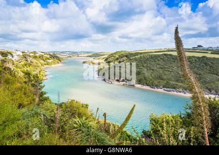 A high level vies of the river Gannel estuary, Crantock Beach, near Newquay in Cornwall, UK. Stock Photo