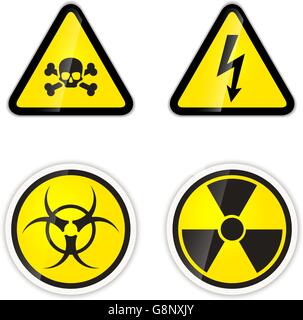 Set of four warnings signs for high voltage, radiation, biohazard and poison isolated on white Stock Vector