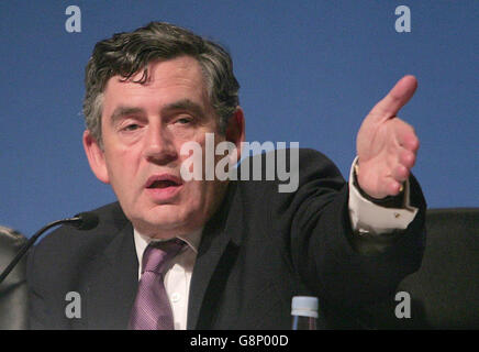 Chancellor Gordon Brown speaking after the Ecofin and Central Bankers Meeting at the G-Mex in Manchester Saturday September 10, 2005. See PA story POLITICS Brown. PRESS ASSOCIATION Photo. Photo credit should read: Martin Rickett/Pool/PA Stock Photo