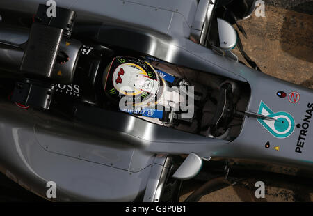 Mercedes Lewis Hamilton during day one of testing at the Circuit de Catalunya, Barcelona. Stock Photo