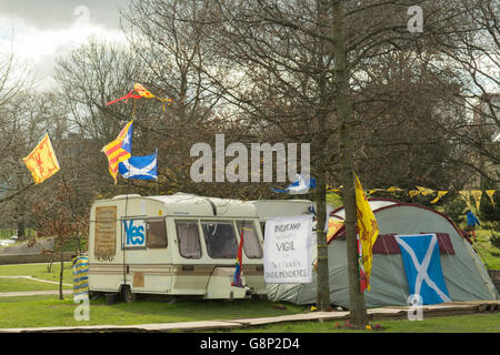 Holyrood pro independence protest camp 'IndyCamp' in Holyrood Park outside the Scottish Parliament building Stock Photo