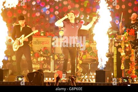 Chris Martin of Coldplay on stage during the 2016 Brit Awards at the O2 Arena, London. Stock Photo