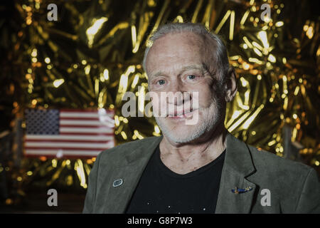 Apollo astronaut Buzz Aldrin poses beside the replica Apollo 11 lunar excursion module 'Eagle' at the Science Museum, London. Stock Photo