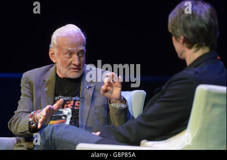 Apollo astronaut Buzz Aldrin joins professor Brian Cox on stage at the Science Museum, London. Stock Photo