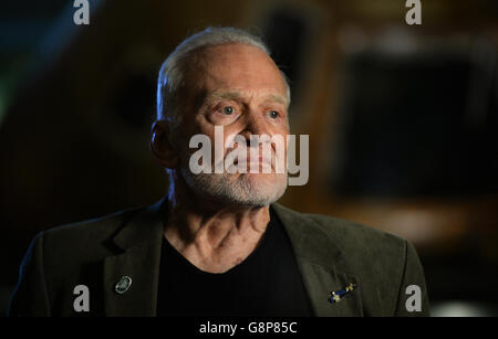 Apollo astronaut Buzz Aldrin speaks to media during a visit to the Science Museum, London. Stock Photo