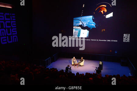 Apollo astronaut Buzz Aldrin joins professor Brian Cox on stage at the Science Museum, London. Stock Photo