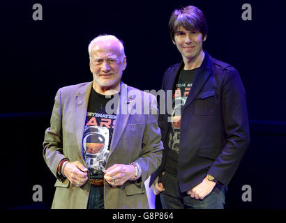 Apollo astronaut Buzz Aldrin joins professor Brian Cox on stage at the Science Museum, London. Stock Photo