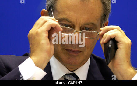 Britain's Prime Minister Tony Blair attends the closing session of the EU-India Business Summit in New Delhi, India, Wednesday September 7 2005. Blair arrived in India from a two day EU-China summit in Beijing. See PA story INDIA Blair. PRESS ASSOCIATION photo. Photo Credit should read: John D McHugh/AFP/PA Stock Photo