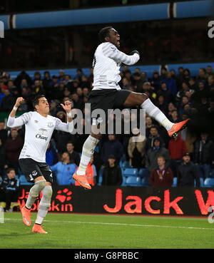 Aston Villa v Everton - Barclays Premier League - Villa Park. Everton's Romelu Lukaku (right) celebrates scoring his side's second goal of the game against Aston Villa. Stock Photo