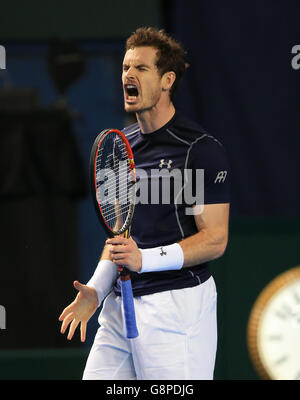 Great Britain's Andy Murray shows his frustration during day three of the Davis Cup, World Group, First Round match at the Barclaycard Arena, Birmingham. Stock Photo