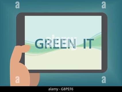 Green IT concept with hand holding smart phone Stock Vector