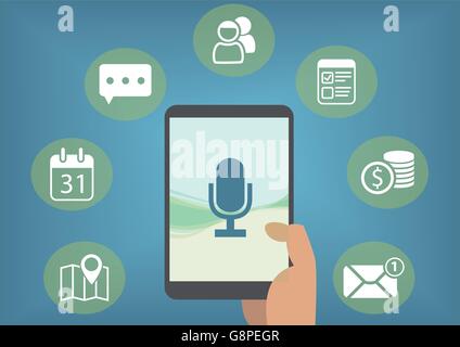 Digital personal assistant concept with speech recognition in order to retrieve emails, instant messages, calendar entries Stock Vector