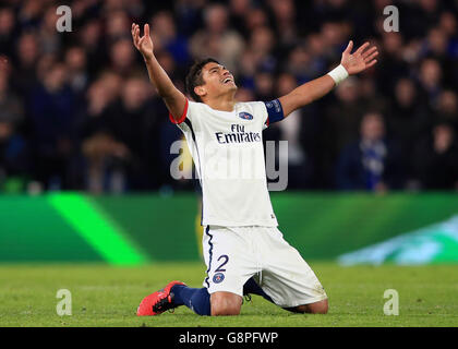 Paris Saint Germain's Thiago Silva celebrates after his side's second goal scored by Zlatan Ibrahimovic (not pictured) during the UEFA Champions League, Round of Sixteen, Second Leg match at Stamford Bridge, London. Stock Photo