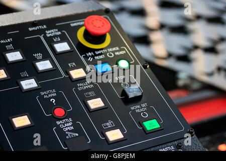 Control panel of laser cutting machine. Closeup view. Selective focus. Stock Photo