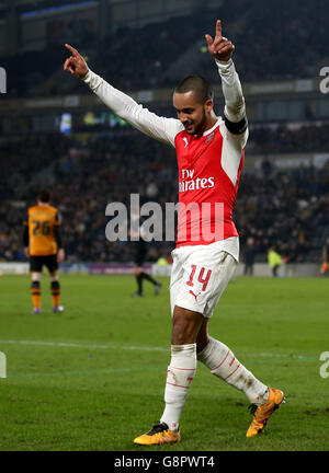 Hull City v Arsenal - Emirates FA Cup - Fifth Round Replay - KC Stadium. Arsenal's Theo Walcott celebrates scoring his side's fourth goal of the game Stock Photo