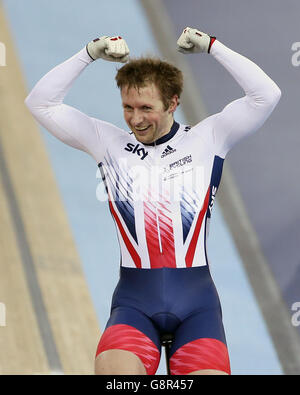 Great Britain's Jason Kenny celebrates winning gold in the Men's Sprint final during day four of the UCI Track Cycling World Championships at Lee Valley VeloPark, London. Stock Photo