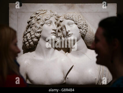 A marble relief by Tullio Lombardo, Bacchus and Ariadne which is on display as part of the In the Age of Giorgione exhibition, at the Royal Academy of Arts, London. Stock Photo