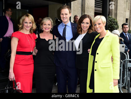 (L-R) Louise Minchin, Carol Kirkwood, Dan Walker, Sally Nugent and Stephanie McGovern attending the 2016 Television and Radio Industries Club Awards, Grosvenor House, Park Lane, London. PRESS ASSOCIATION Photo. Picture date: Tuesday March 8, 2016. Photo credit should read: Ian West/PA Wire Stock Photo