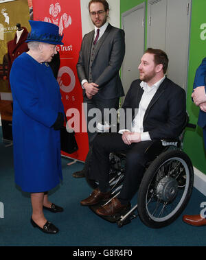 Queen Elizabeth II meets people being helped by the Prince's Trust during a visit to the Prince's Trust Centre in Kennington, London, to mark the 40th anniversary of the charity. Stock Photo
