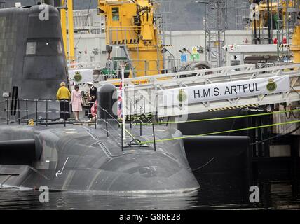 HMS artful following a commissioning ceremony at Faslane naval base on the Clyde where the 7,400-tonne nuclear-powered submarine officially joined the Royal Navy fleet. Stock Photo