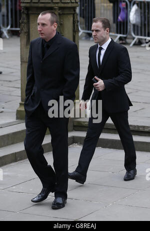 Andrew Whyment (left) and Alan Halsall arrive at Manchester Cathedral for the funeral of Coronation Street creator and writer Tony Warren. Stock Photo