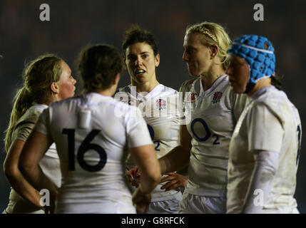 England's Sarah Hunter (centre) talks to her players during the 2016 RBS Women's Six Nations match at Twickenham Stoop, London. Stock Photo