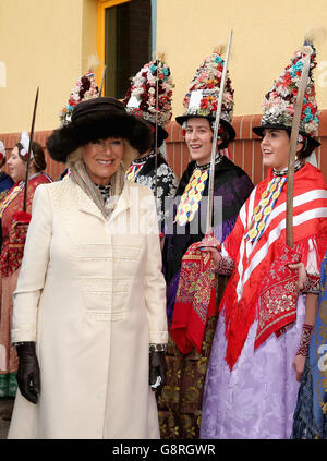 The Duchess of Cornwall meets women in traditional dress as she visits Dakovo State Stud Farm in Osijek, Croatia, on the second day of her tour of the Balkans with the Prince of Wales. Stock Photo