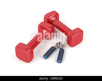 Pair of dumbbells and hand gripper on white background Stock Photo