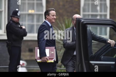 Prime Minister David Cameron leaves Downing Street, London for the House of Commons for PMQs. Stock Photo