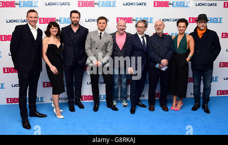 (Left to Right) Jo Hartley, Hugh Jackman, Taron Egerton, Eddie 'The Eagle' Edwards, Keith Allen Ania Sowinski and Matthew Vaughn attending the European Premiere of Eddie the Eagle held at Odeon Cinema in Leicester Square, London. PRESS ASSOCIATION Photo. Picture date: Thursday March 17, 2016. See PA story SHOWBIZ Eagle. Photo credit should read: Ian West/PA Wire Stock Photo