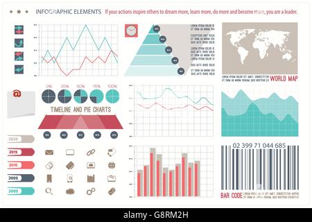 infographic elements, web technology icons. vector timeline option graph, reminder bar code symbol. pie chart info graphic icon. Stock Vector