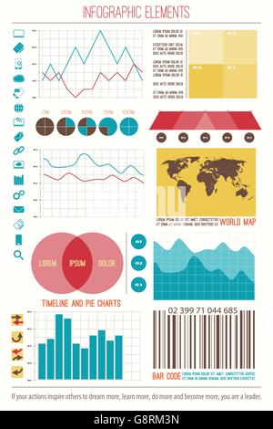 infographic elements, internet technology icons. vector time line, option graph, bar code symbol. pie chart info graphic icon. e Stock Vector